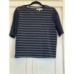 Ann Taylor LOFT knit top blue stripe lace sleeves M